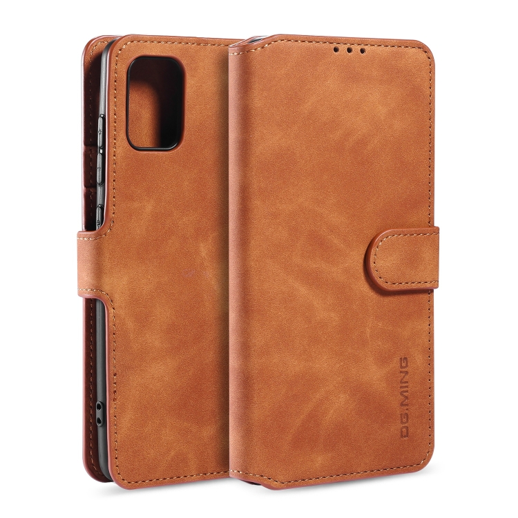 

For Samsung Galaxy A31 DG.MING Retro Oil Side Horizontal Flip Case with Holder & Card Slots & Wallet(Brown)