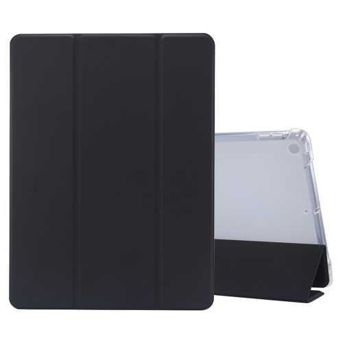 

For iPad 10.2 (2019) 3-folding Electric Pressed Skin Texture Horizontal Flip Shockproof Transparent TPU + PU Leather Case with Holder & Pen Slot & Sleep / Wake-up Function(Black)