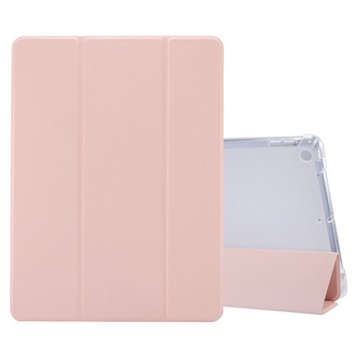 

For iPad 10.2 2021 / 2020 / 2019 3-folding Electric Pressed Skin Texture Horizontal Flip Shockproof Transparent TPU + PU Leather Case with Holder & Pen Slot & Sleep / Wake-up Function(Light Pink)
