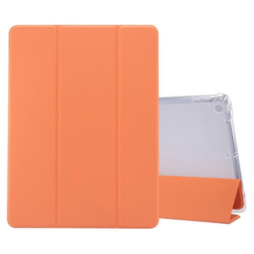 

For iPad 10.2 (2019) 3-folding Electric Pressed Skin Texture Horizontal Flip Shockproof Transparent TPU + PU Leather Case with Holder & Pen Slot & Sleep / Wake-up Function(Orange)