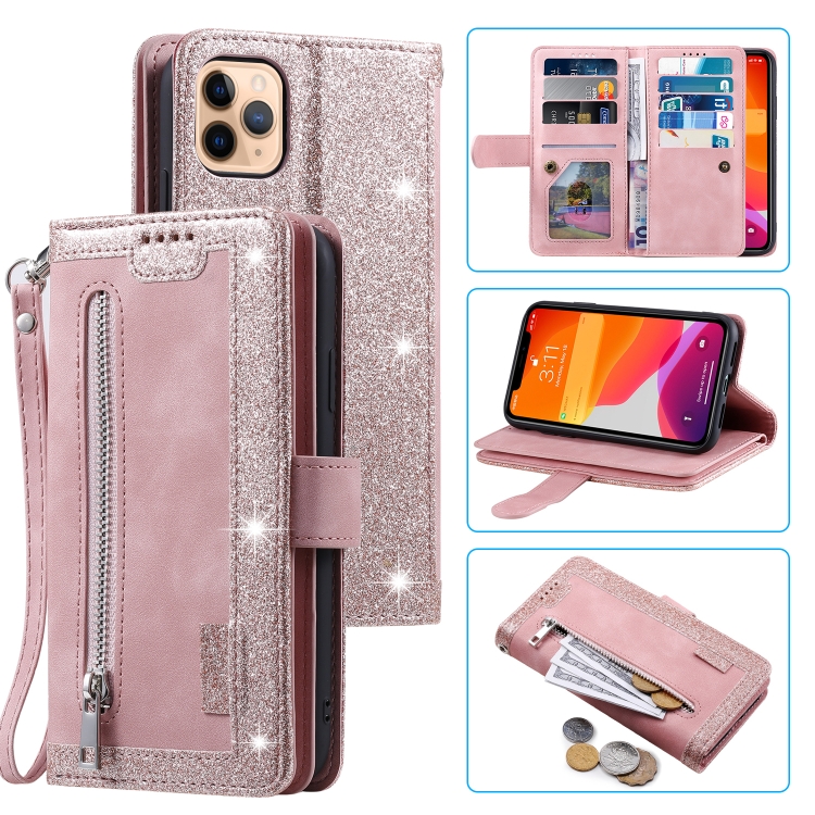 

For iPhone 11 Pro Max Nine Card Zipper Bag Horizontal Flip Leather Case With Holder & Card Slots & Photo Frame & Wallet(Pink)