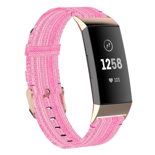 

For Fitbit Charge 4 / Charge 3 / Charge 3 SE Stainless Steel Head Grain Nylon Denim Replacement Strap Watchband(Pink)