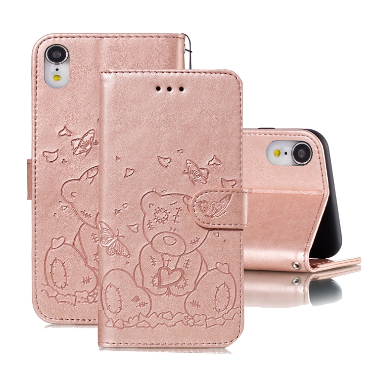 

For iPhone XR Embossed Butterfly Love Bear Pattern PU + TPU Horizontal Flip Leather Case with Holder & Card Slots & Wallet & Photo Frame(Rose Gold)