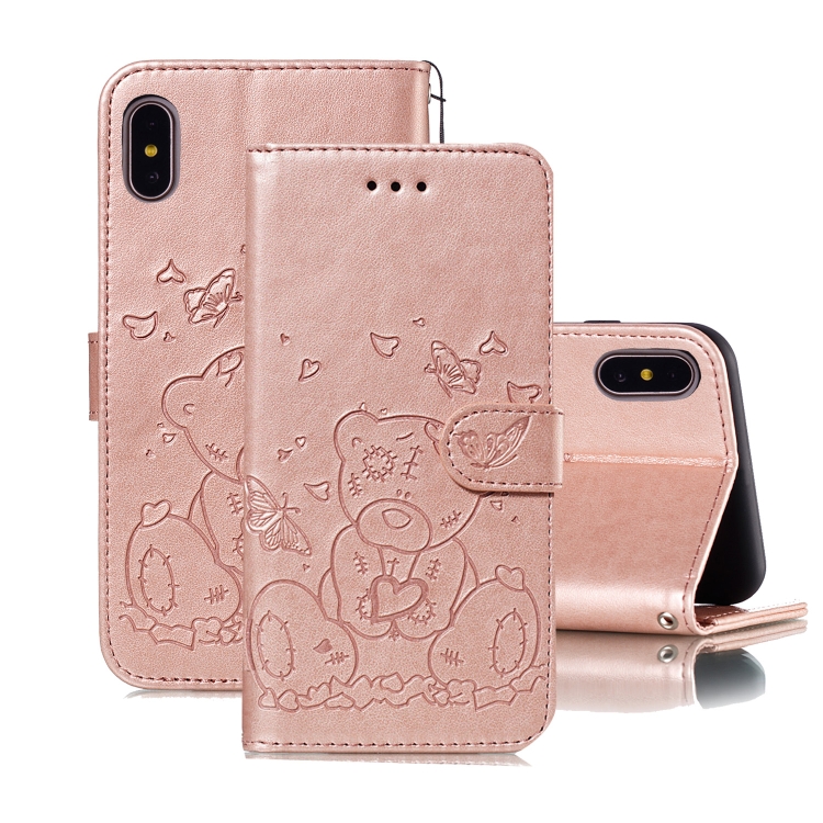 

For iPhone XS Max Embossed Butterfly Love Bear Pattern PU + TPU Horizontal Flip Leather Case with Holder & Card Slots & Wallet & Photo Frame(Rose Gold)