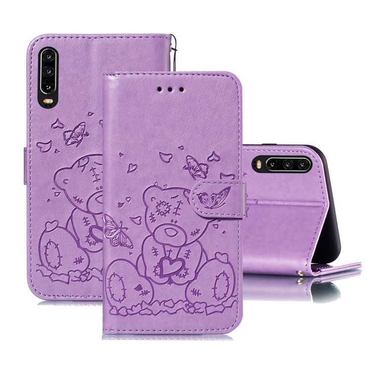

For Huawei P30 Embossed Butterfly Love Bear Pattern PU + TPU Horizontal Flip Leather Case with Holder & Card Slots & Wallet & Photo Frame(Purple)