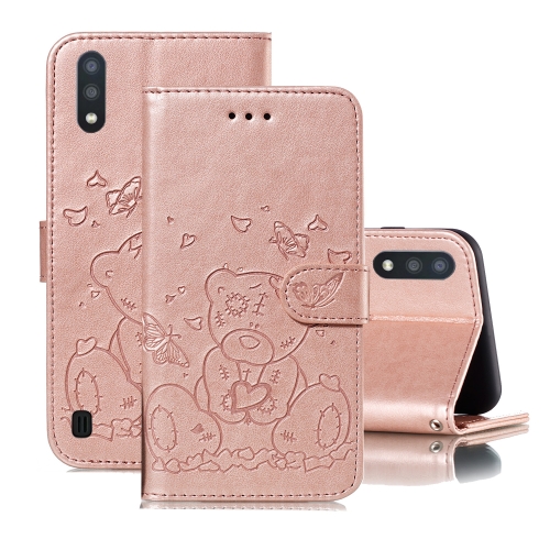 

For Samsung Galaxy A01 Embossed Butterfly Love Bear Pattern PU + TPU Horizontal Flip Leather Case with Holder & Card Slots & Wallet & Photo Frame(Rose Gold)