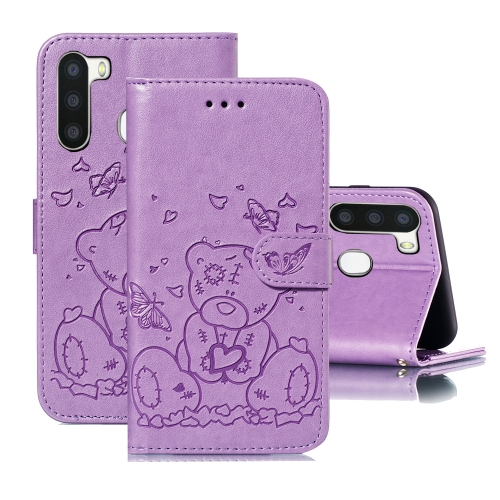 

For Samsung Galaxy A21 Embossed Butterfly Love Bear Pattern PU + TPU Horizontal Flip Leather Case with Holder & Card Slots & Wallet & Photo Frame(Purple)