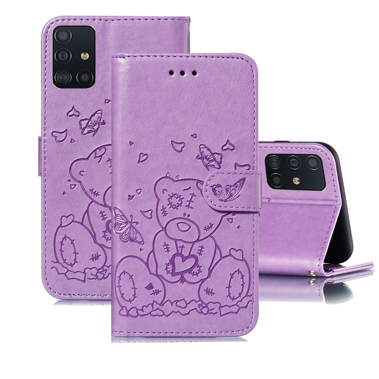 

For Samsung Galaxy A51 Embossed Butterfly Love Bear Pattern PU + TPU Horizontal Flip Leather Case with Holder & Card Slots & Wallet & Photo Frame(Purple)