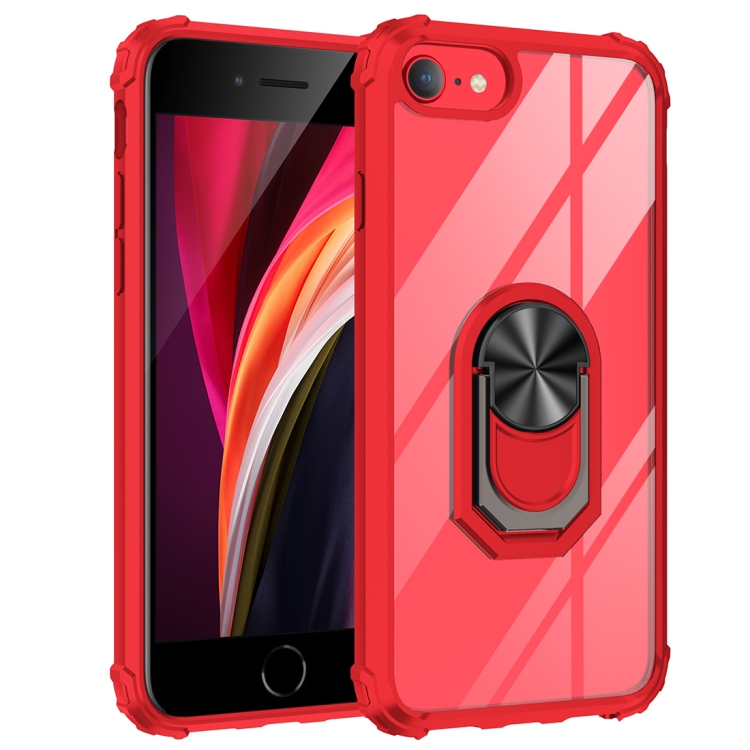 

For iPhone SE 2020 / 8 / 7 / 6 Shockproof Transparent TPU + Acrylic Protective Case with Ring Holder(Red)