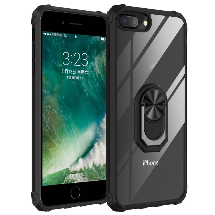 

For iPhone 8 Plus / 7 Plus / 6 Plus Shockproof Transparent TPU + Acrylic Protective Case with Ring Holder(Black)