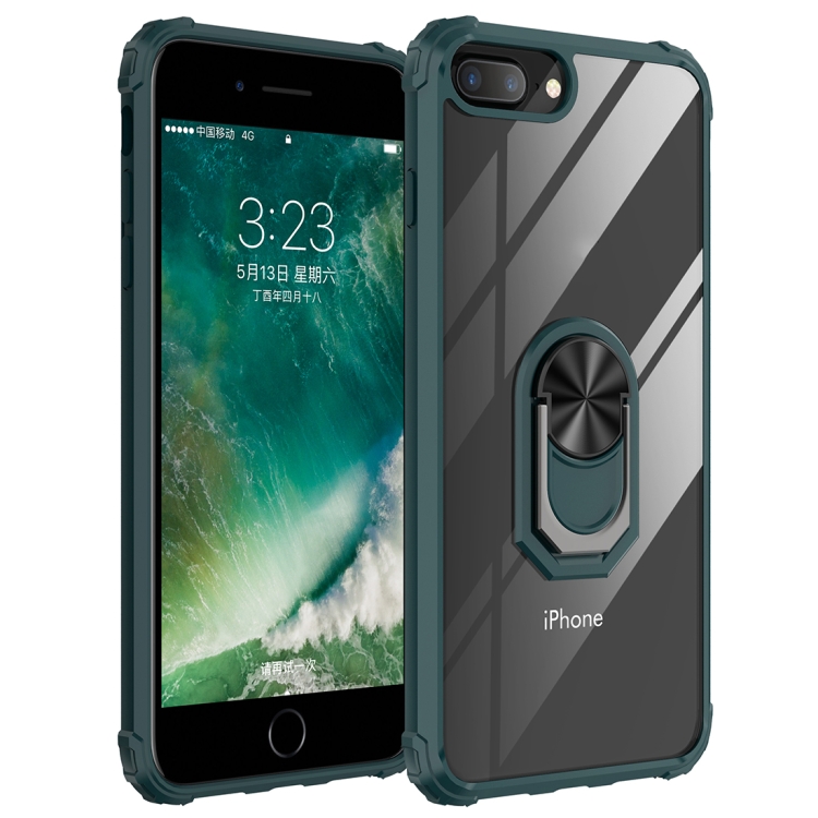 

For iPhone 8 Plus / 7 Plus / 6 Plus Shockproof Transparent TPU + Acrylic Protective Case with Ring Holder(Dark Green)