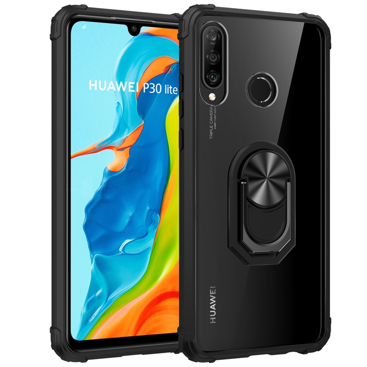 

For Huawei P30 lite Shockproof Transparent TPU + Acrylic Protective Case with Ring Holder(Black)