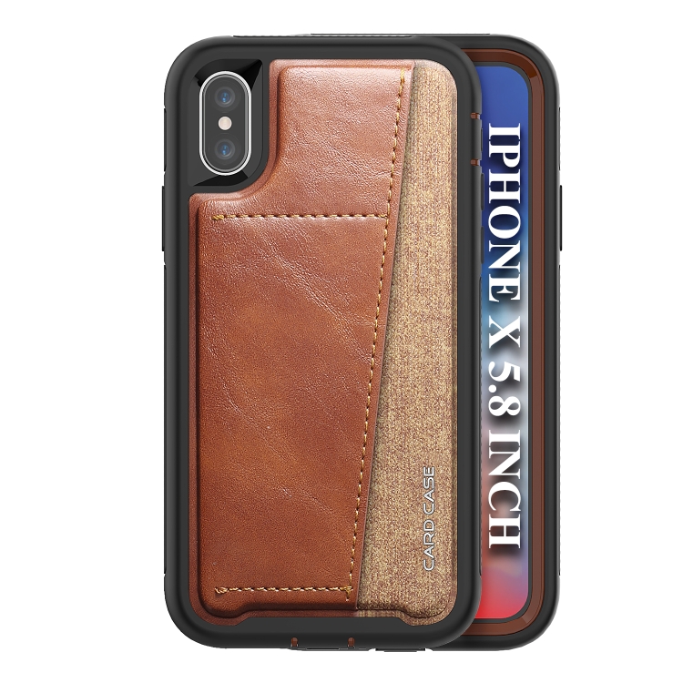 

For iPhone X Shockproof PC + TPU + PU Leather Protective Case with Card Slot(Brown)