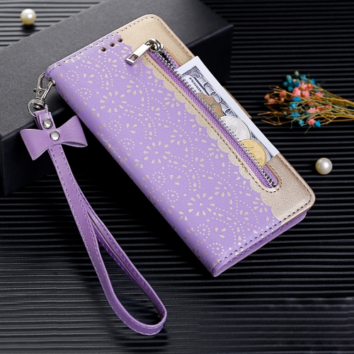 

For Huawei Nova 5 Lace Pattern Double Button Zipper Horizontal Flip Leather Case with Holder & Card Slots & Wallet(Purple)