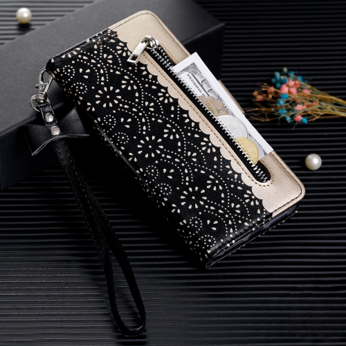 

For Huawei P40 Lite Lace Pattern Double Button Zipper Horizontal Flip Leather Case with Holder & Card Slots & Wallet(Black)