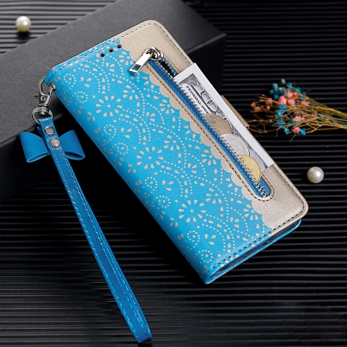 

For iPhone SE 2020 / 8 / 7 Lace Pattern Double Button Zipper Horizontal Flip Leather Case with Holder & Card Slots & Wallet(Blue)