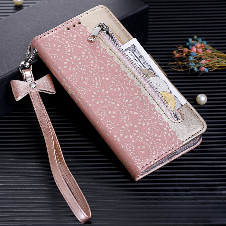 

For iPhone X / XS Lace Pattern Double Button Zipper Horizontal Flip Leather Case with Holder & Card Slots & Wallet(Rose Gold)
