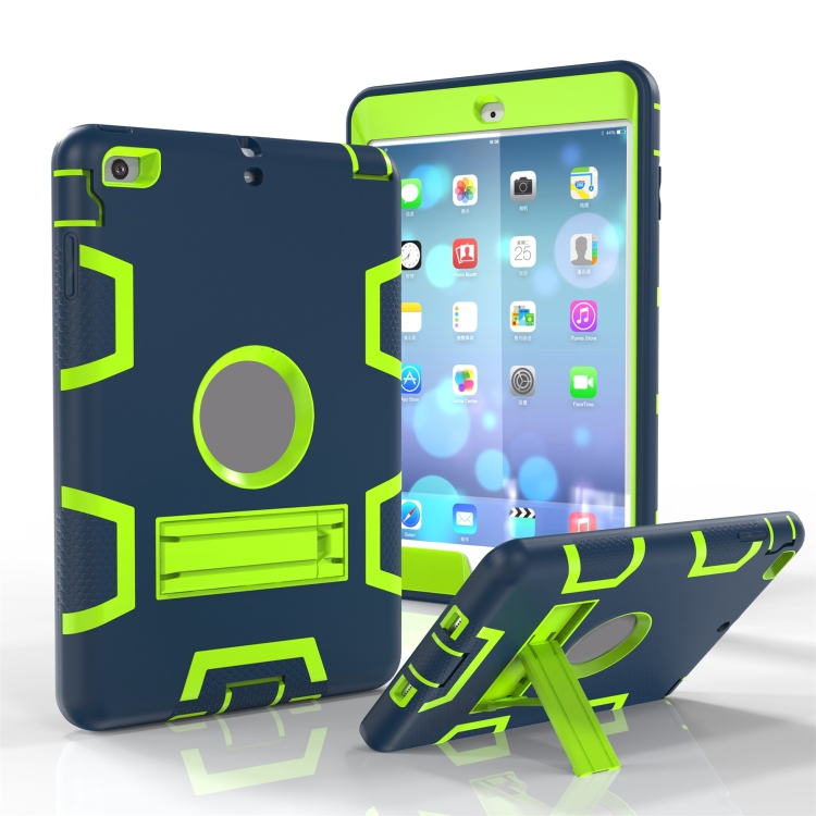 

For iPad Mini 3 / 2 / 1 Shockproof PC + Silicone Protective Case，with Holder(Navy Blue Yellow Green)