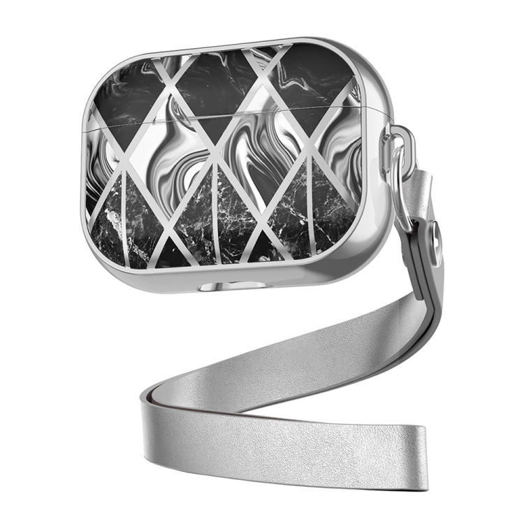 

For AirPods Pro Electroplated Printed TPU Earphone Protective Case with Lanyard(Silver Black)