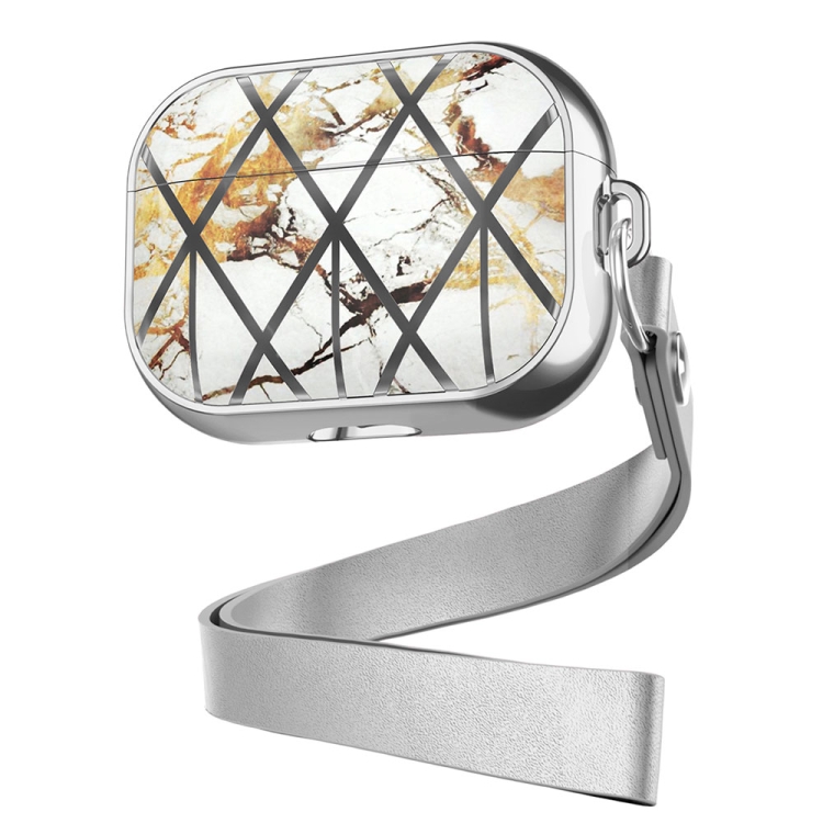 

For AirPods Pro Electroplated Printed TPU Earphone Protective Case with Lanyard(Silver Yellow)