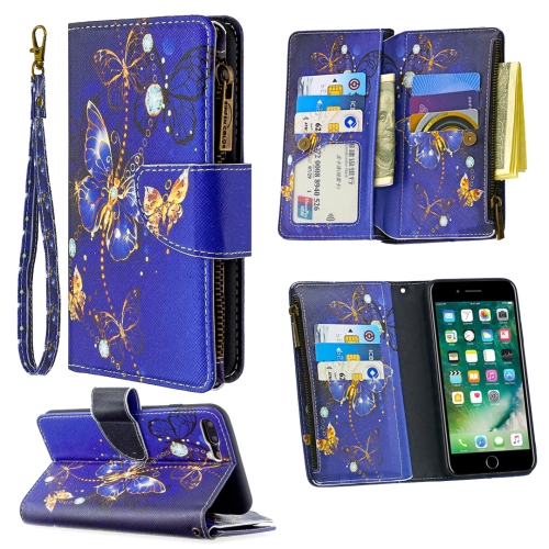 

For iPhone 8 Plus & 7 Plus Colored Drawing Pattern Zipper Horizontal Flip Leather Case with Holder & Card Slots & Wallet(Purple Butterfly)