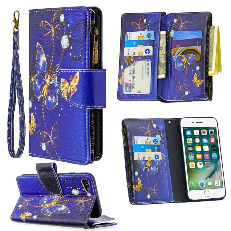 

For iPhone 8 & 7 Colored Drawing Pattern Zipper Horizontal Flip Leather Case with Holder & Card Slots & Wallet(Purple Butterfly)