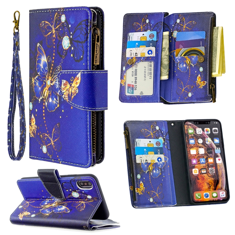 

For iPhone XS Max Colored Drawing Pattern Zipper Horizontal Flip Leather Case with Holder & Card Slots & Wallet(Purple Butterfly)