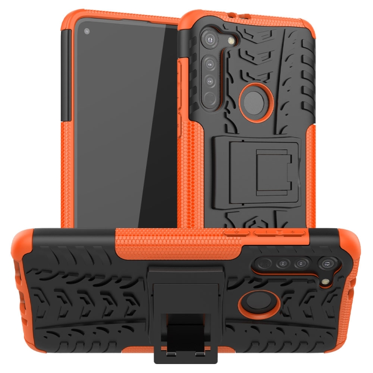 

For Motorola Moto G8 Tire Texture Shockproof TPU+PC Protective Case with Holder(Orange)