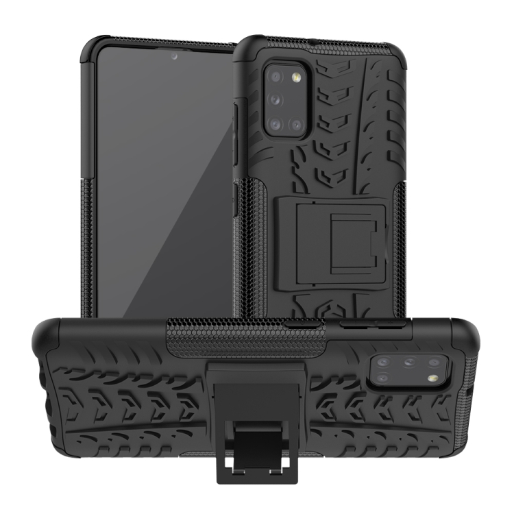 

For Samsung Galaxy A31 Tire Texture Shockproof TPU+PC Protective Case with Holder(Black)