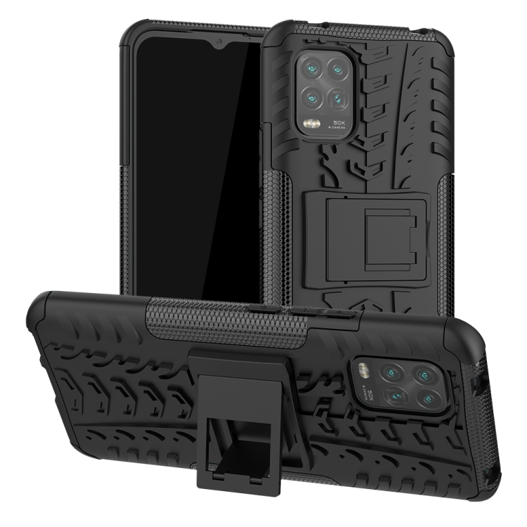 

For Xiaomi Mi 10 Lite 5G Tire Texture Shockproof TPU+PC Protective Case，with Holder(Black)