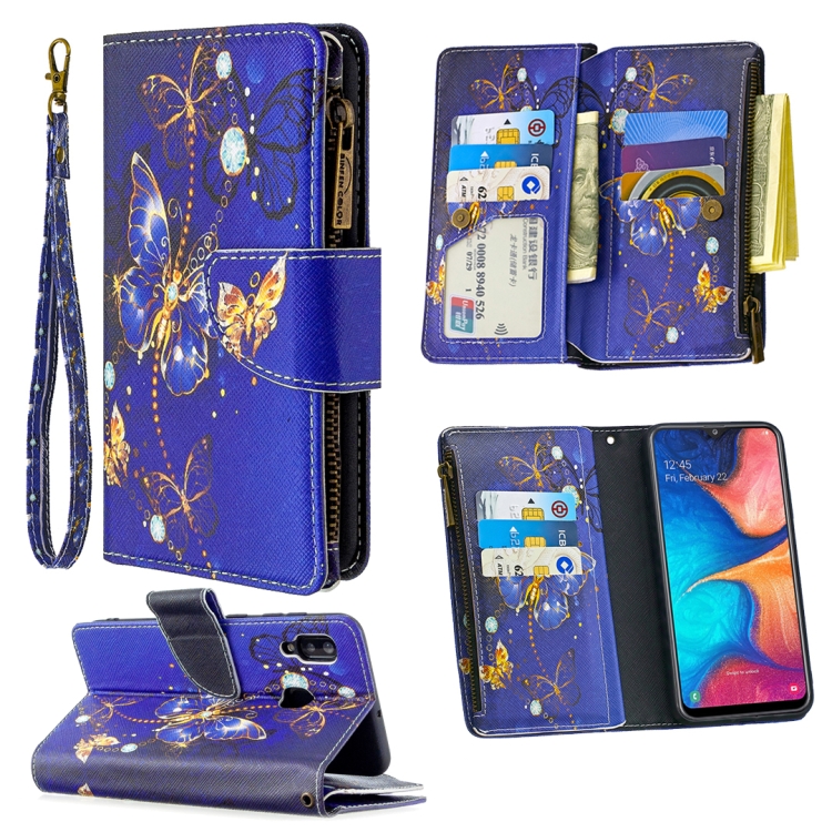 

For Samsung Galaxy A30 Colored Drawing Pattern Zipper Horizontal Flip Leather Case with Holder & Card Slots & Wallet(Purple Butterfly)