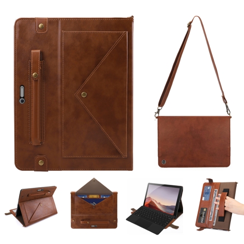 

For Microsoft Surface Pro 4 / 5 / 6 / 7 Envelope Horizontal Flip PU Leather Case with Card Slots & Pen Slots & Holder & Wallet & Photo Frame & Shoulder Strap(Brown)