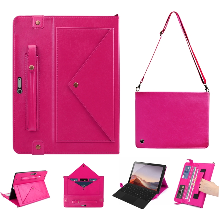 

For Microsoft Surface Pro 4 / 5 / 6 / 7 Envelope Horizontal Flip PU Leather Case with Card Slots & Pen Slots & Holder & Wallet & Photo Frame & Shoulder Strap(Rose Red)