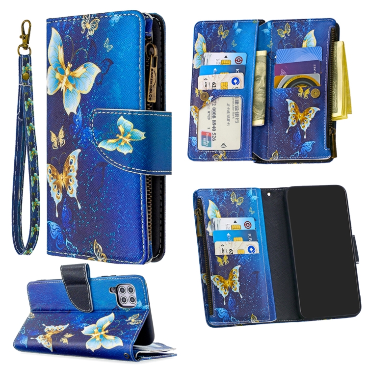 

For Huawei P40 Lite Colored Drawing Pattern Zipper Horizontal Flip Leather Case with Holder & Card Slots & Wallet(Gold Butterfly)