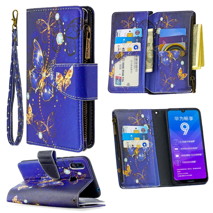 

For Huawei Y7 (2019) Colored Drawing Pattern Zipper Horizontal Flip Leather Case with Holder & Card Slots & Wallet(Purple Butterfly)