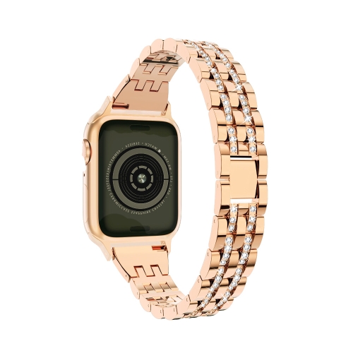 

For Apple Watch Series 6 & SE & 5 & 4 40mm / 3 & 2 & 1 38mm Steel Watchband with Diamond(Champagne Gold)