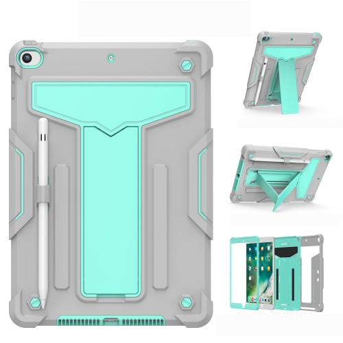 

For iPad 10.2 / iPad Pro 10.5 T-shaped Bracket Contrast Color Shockproof PC + Silicone Flat Protective Case(Grey+Mint Green)