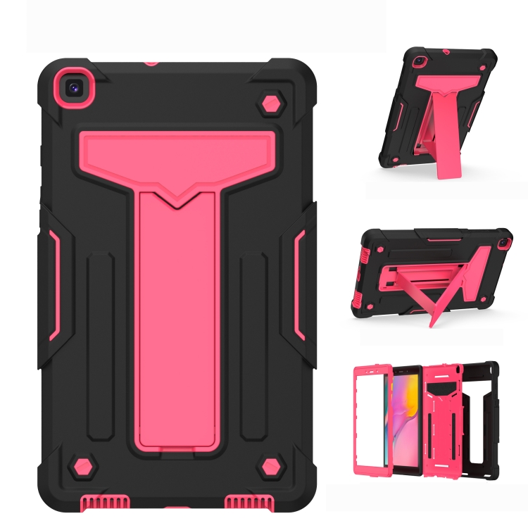 

For Samsung Galaxy Tab A8.0 (2019) T290 T-shaped Bracket Contrast Color Shockproof PC + Silicone Flat Protective Case(Black+Rose Red)