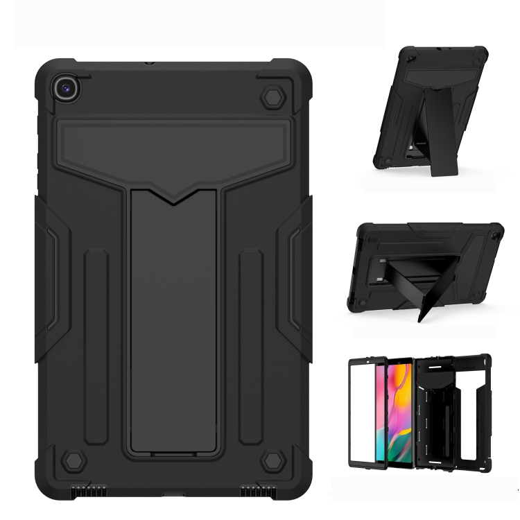 

For Samsung Galaxy Tab A10.1 (2019) T510 T-shaped Bracket Contrast Color Shockproof PC + Silicone Flat Protective Case(Black+Black)