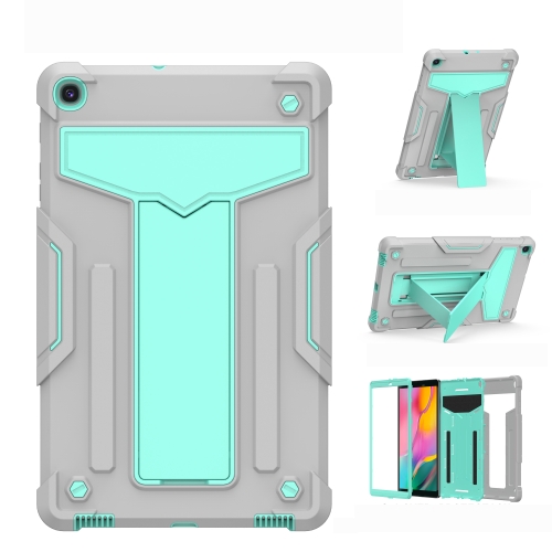 

For Samsung Galaxy Tab A10.1 (2019) T510 T-shaped Bracket Contrast Color Shockproof PC + Silicone Flat Protective Case(Grey+Mint Green)