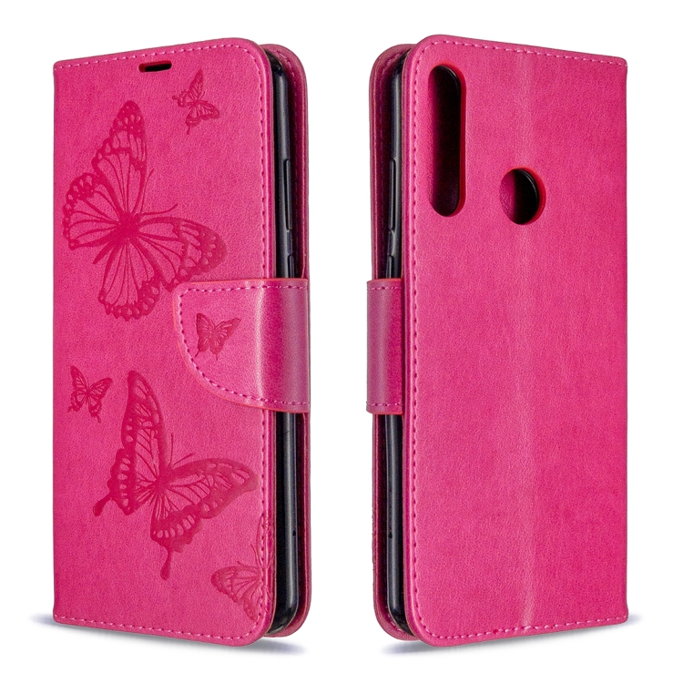 

For Huawei Y6P Two Butterflies Embossing Pattern Horizontal Flip Leather Case with Holder & Card Slot & Wallet & Lanyard(Rose Red)