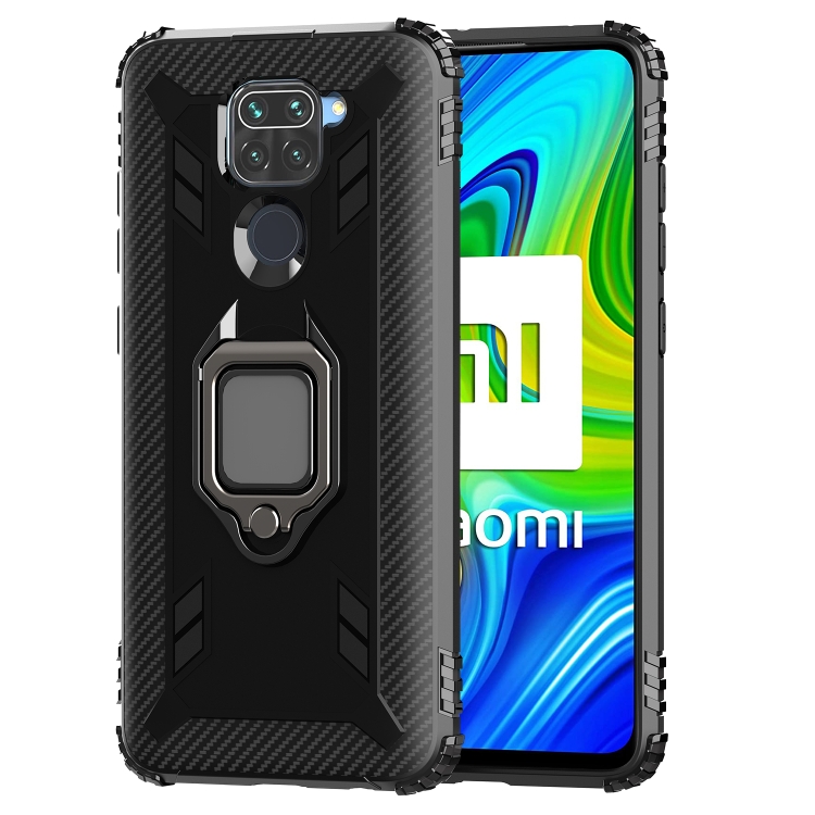 

For Xiaomi Redmi 10X / Note 9 Carbon Fiber Protective Case with 360 Degree Rotating Ring Holder(Black)