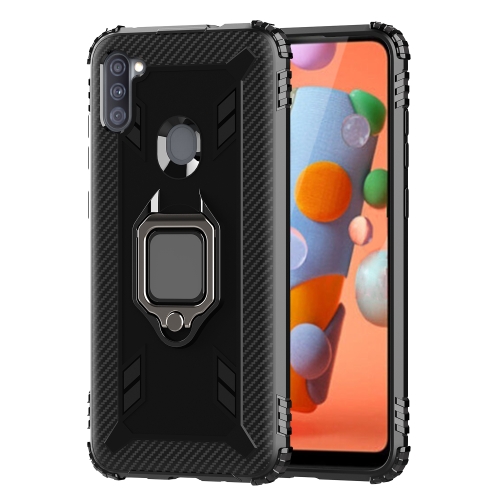 

For Samsung A11 (EU Version) Carbon Fiber Protective Case with 360 Degree Rotating Ring Holder(Black)