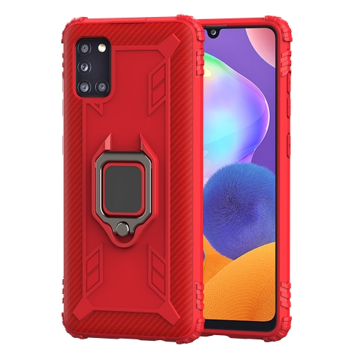 

For Samsung Galaxy A31 Carbon Fiber Protective Case with 360 Degree Rotating Ring Holder(Red)