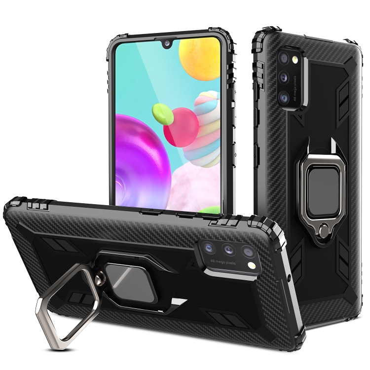

For Samsung Galaxy A41 Carbon Fiber Protective Case with 360 Degree Rotating Ring Holder(Black)