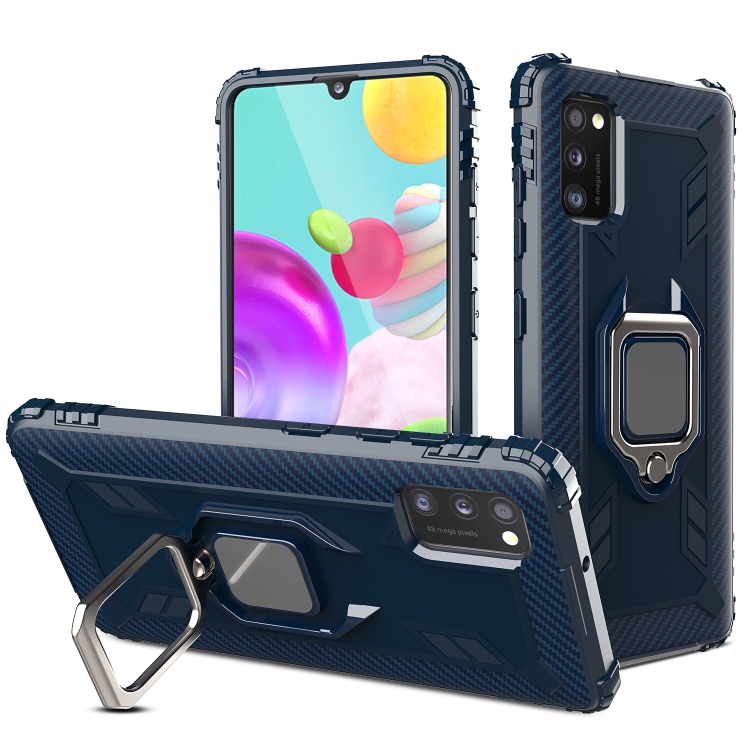 

For Samsung Galaxy A41 Carbon Fiber Protective Case with 360 Degree Rotating Ring Holder(Blue)
