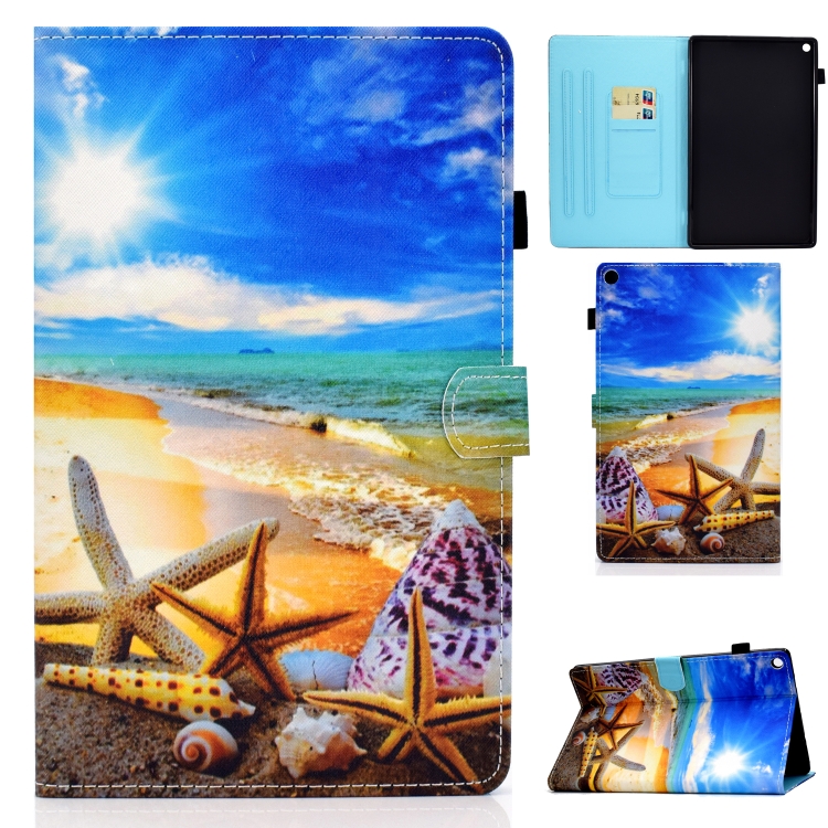 

For Amazon Kindle fire HD8 2016 / 2017 / 2018 Colored Drawing Stitching Horizontal Flip Leather Case with Holder & Card Slots & Sleep / Wake-up Function(Blue Sky Starfish)