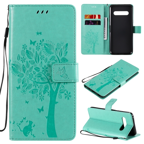 

For LG V60 ThinQ 5G Tree & Cat Embossed Pattern Horizontal Flip Leather Case with Holder & Card Slots & Wallet & Lanyard(Green)