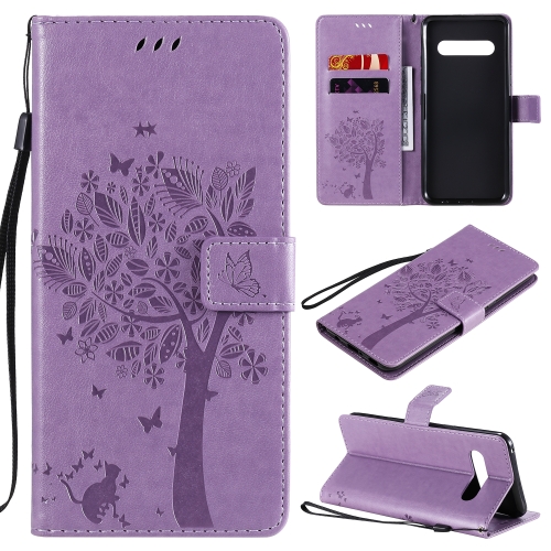 

For LG V60 ThinQ 5G Tree & Cat Embossed Pattern Horizontal Flip Leather Case with Holder & Card Slots & Wallet & Lanyard(Light Purple)