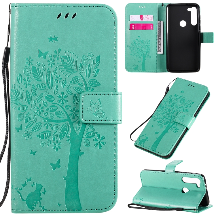 

For Motorola Moto G8 Power Tree & Cat Embossed Pattern Horizontal Flip Leather Case with Holder & Card Slots & Wallet & Lanyard(Green)